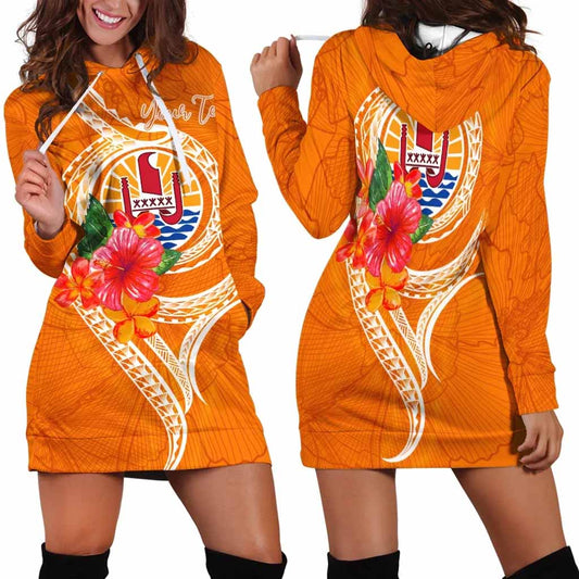 Tahiti Polynesian Custom Personalised Hoodie Dress - Orange Floral With Seal