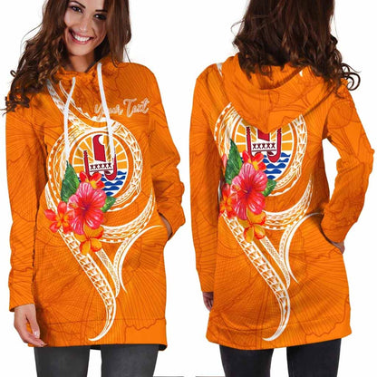 Tahiti Polynesian Custom Personalised Hoodie Dress - Orange Floral With Seal