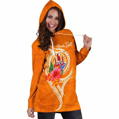 Tahiti Polynesian Custom Personalised Hoodie Dress - Orange Floral With Seal