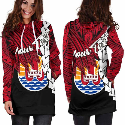 Tahiti Polynesian Custom Personalised Hoodie Dress - Tribal Wave Tattoo Flag Style