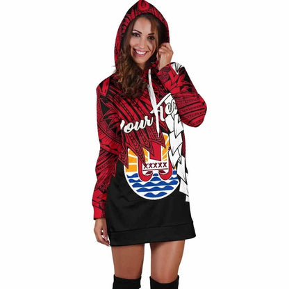 Tahiti Polynesian Custom Personalised Hoodie Dress - Tribal Wave Tattoo Flag Style