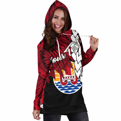 Tahiti Polynesian Custom Personalised Hoodie Dress - Tribal Wave Tattoo Flag Style