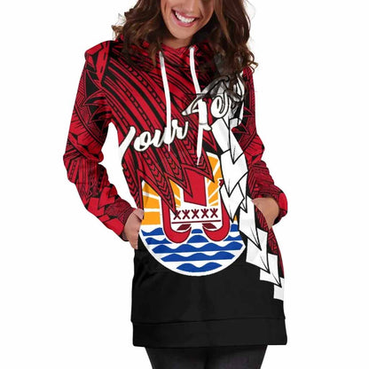 Tahiti Polynesian Custom Personalised Hoodie Dress - Tribal Wave Tattoo Flag Style