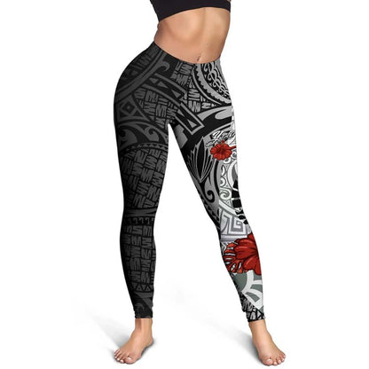 Tahiti Polynesian Custom Personalised Legging  - Coat Of Arm With Hibiscus White