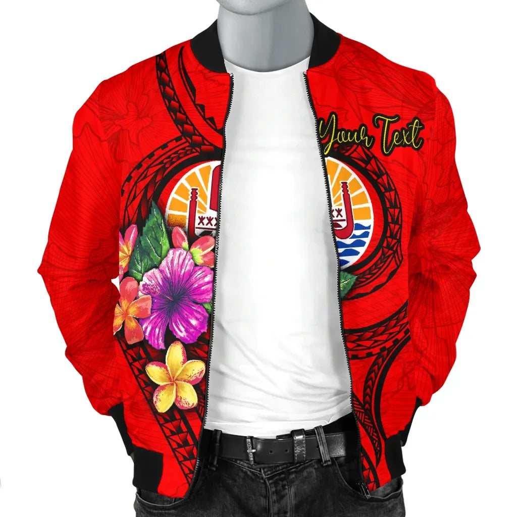 Tahiti Polynesian Custom Personalised Bomber Jacket - Floral With Seal Red