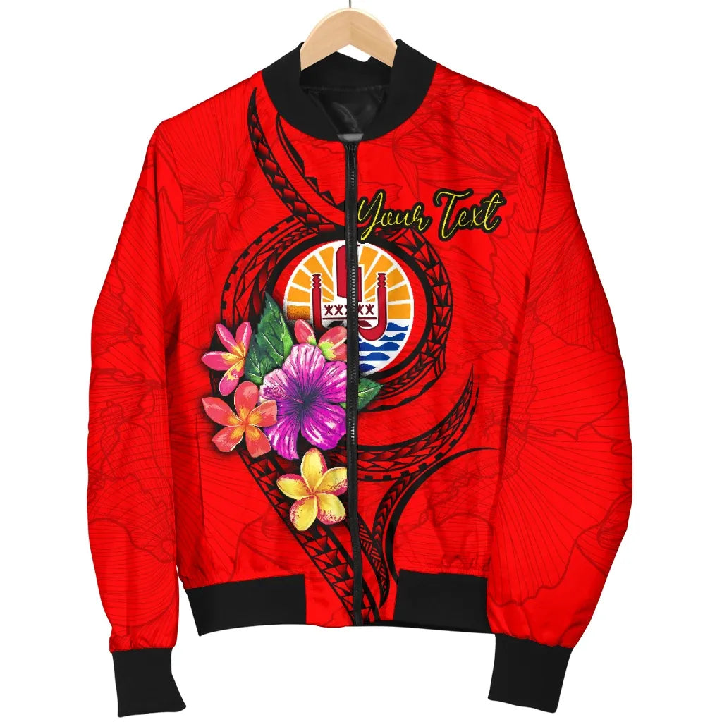 Tahiti Polynesian Custom Personalised Bomber Jacket - Floral With Seal Red