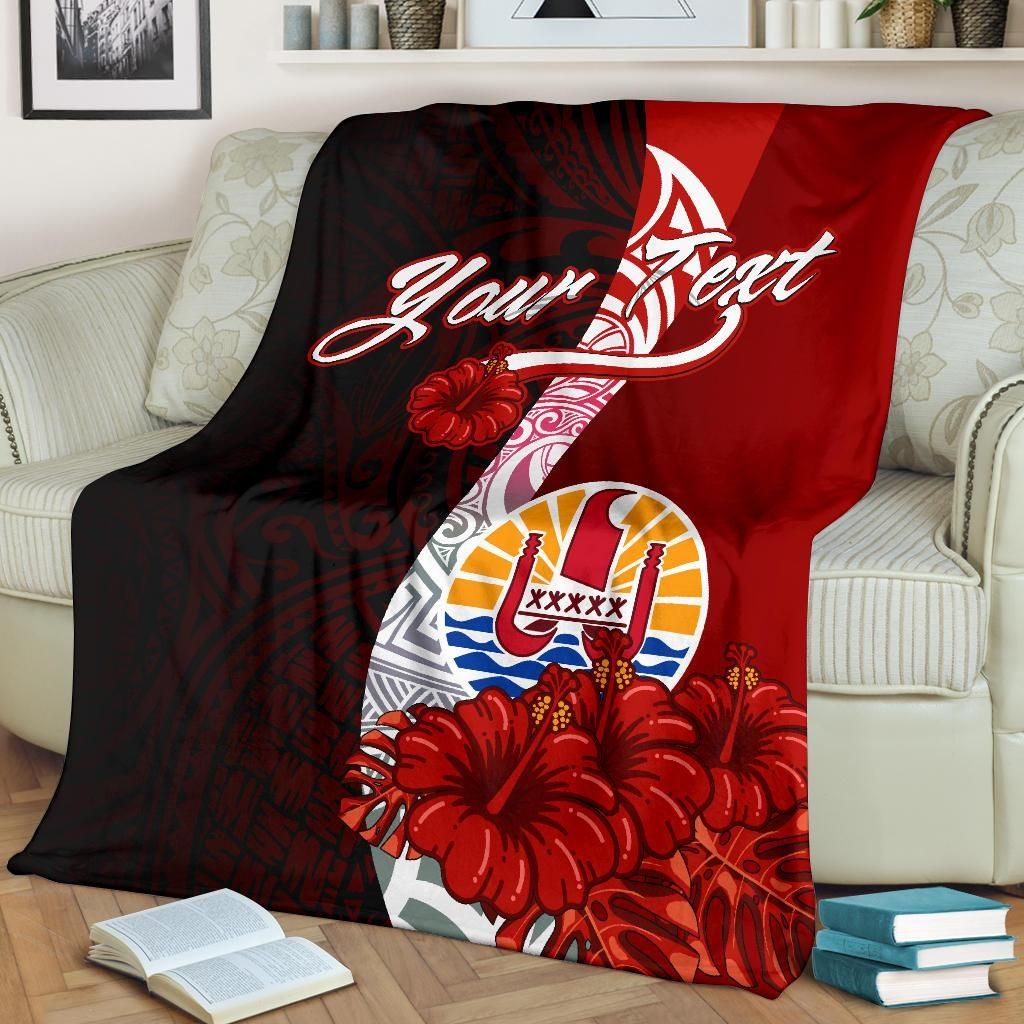 Tahiti Polynesian Custom Personalised Premium Blanket - Coat Of Arm With Hibiscus