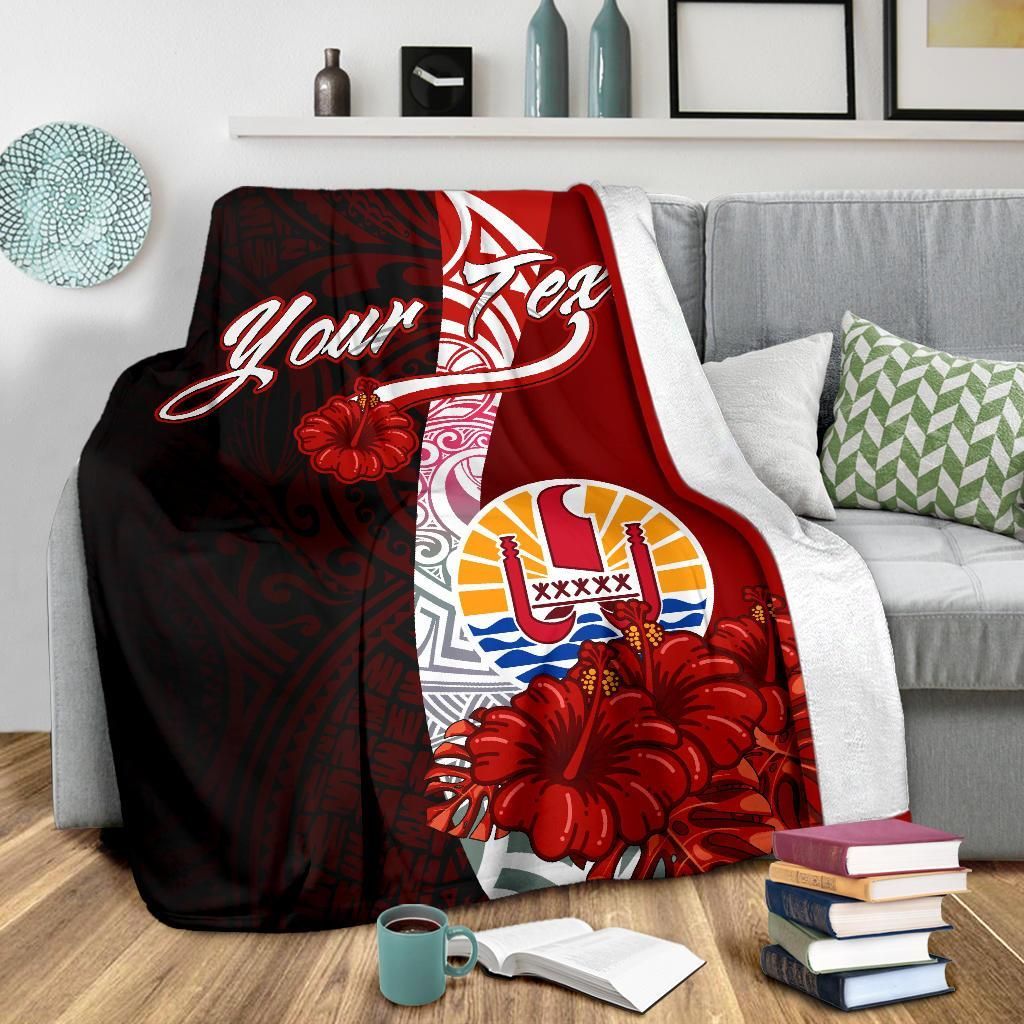 Tahiti Polynesian Custom Personalised Premium Blanket - Coat Of Arm With Hibiscus
