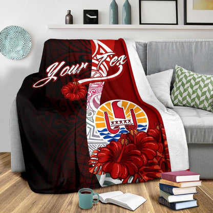 Tahiti Polynesian Custom Personalised Premium Blanket - Coat Of Arm With Hibiscus