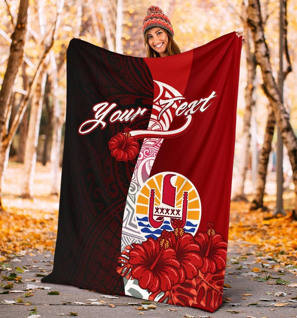 Tahiti Polynesian Custom Personalised Premium Blanket - Coat Of Arm With Hibiscus