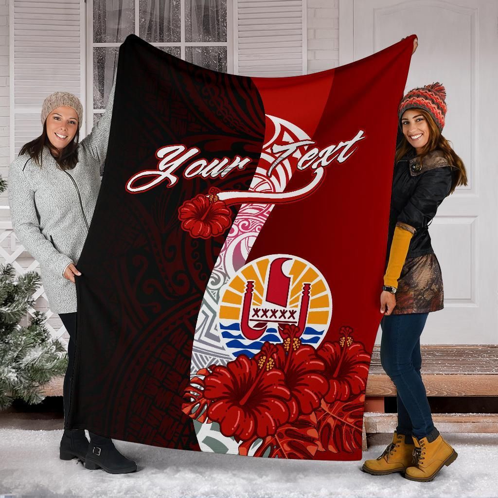 Tahiti Polynesian Custom Personalised Premium Blanket - Coat Of Arm With Hibiscus