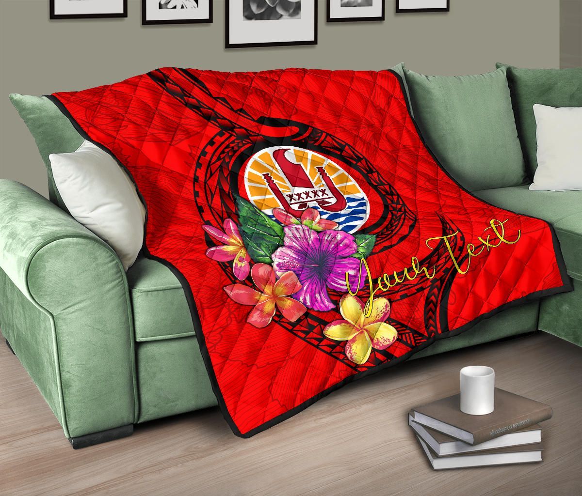 Tahiti Polynesian Custom Personalised Premium Quilt - Floral With Seal Red