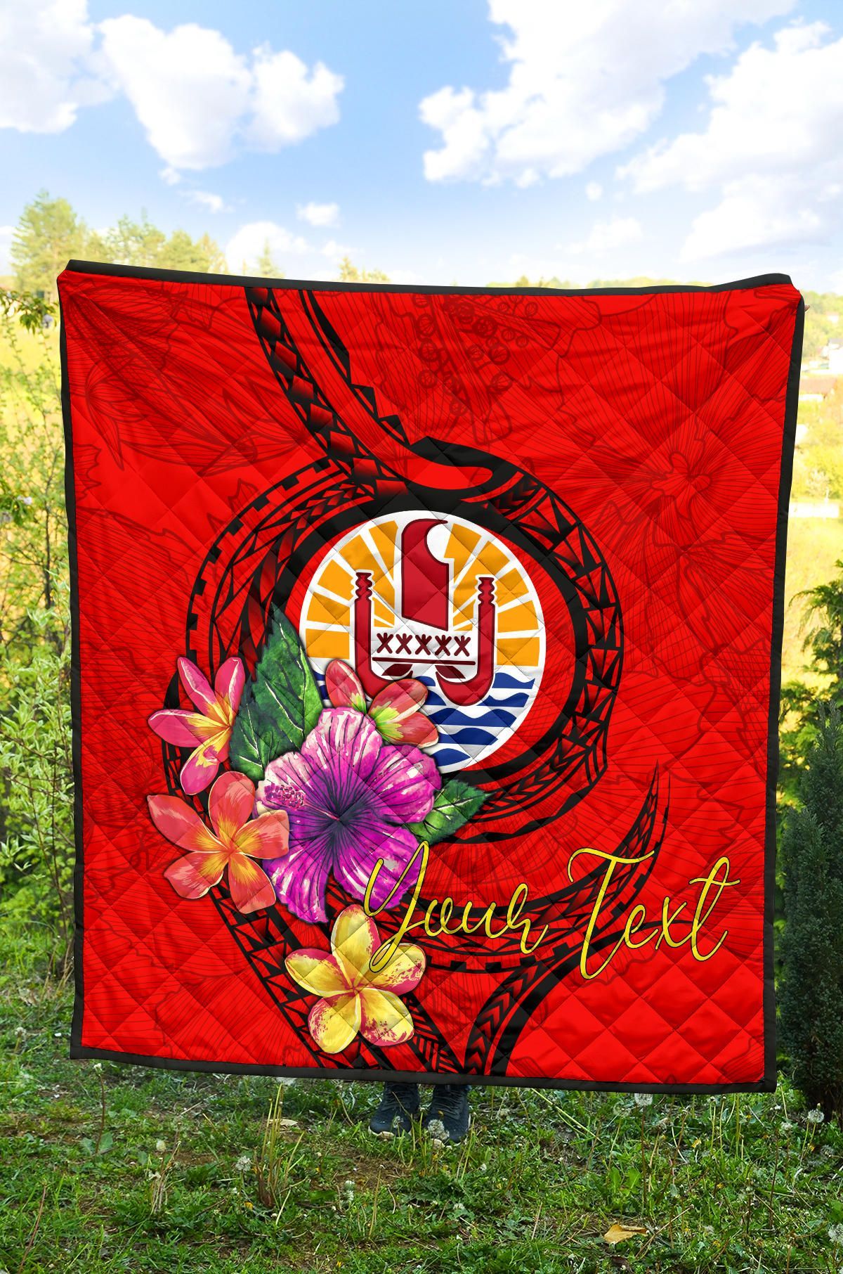Tahiti Polynesian Custom Personalised Premium Quilt - Floral With Seal Red