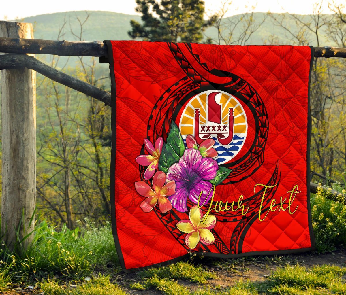 Tahiti Polynesian Custom Personalised Premium Quilt - Floral With Seal Red