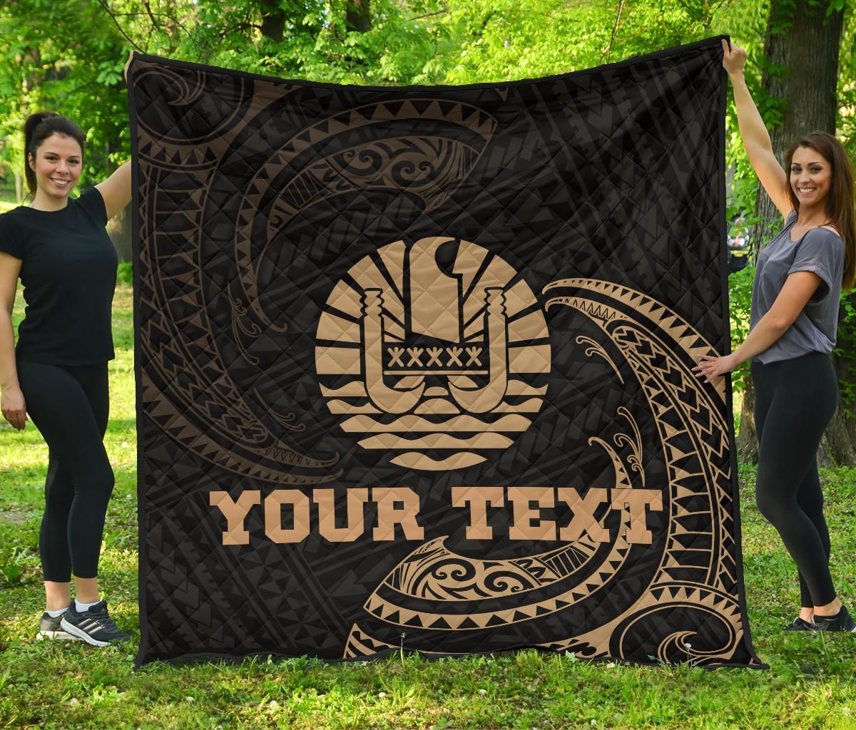 Tahiti Polynesian Custom Personalised Premium Quilt - Gold Tribal Wave