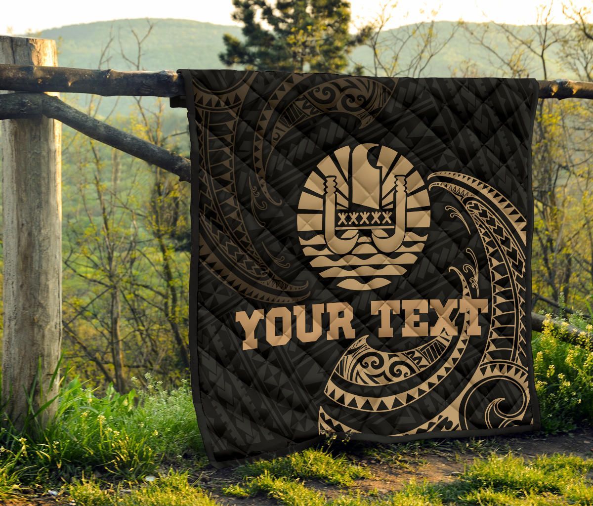 Tahiti Polynesian Custom Personalised Premium Quilt - Gold Tribal Wave
