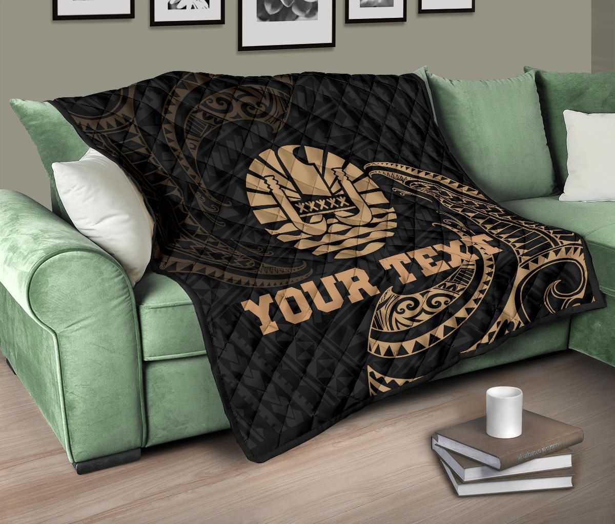 Tahiti Polynesian Custom Personalised Premium Quilt - Gold Tribal Wave