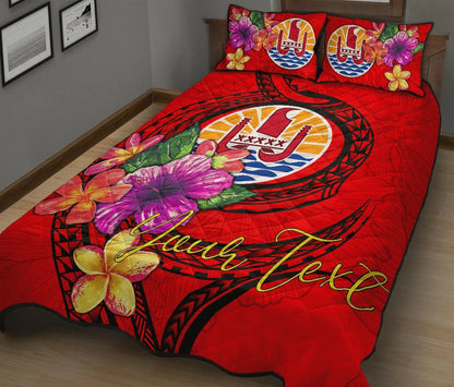 Tahiti Polynesian Custom Personalised Quilt Bed Set - Floral With Seal Red