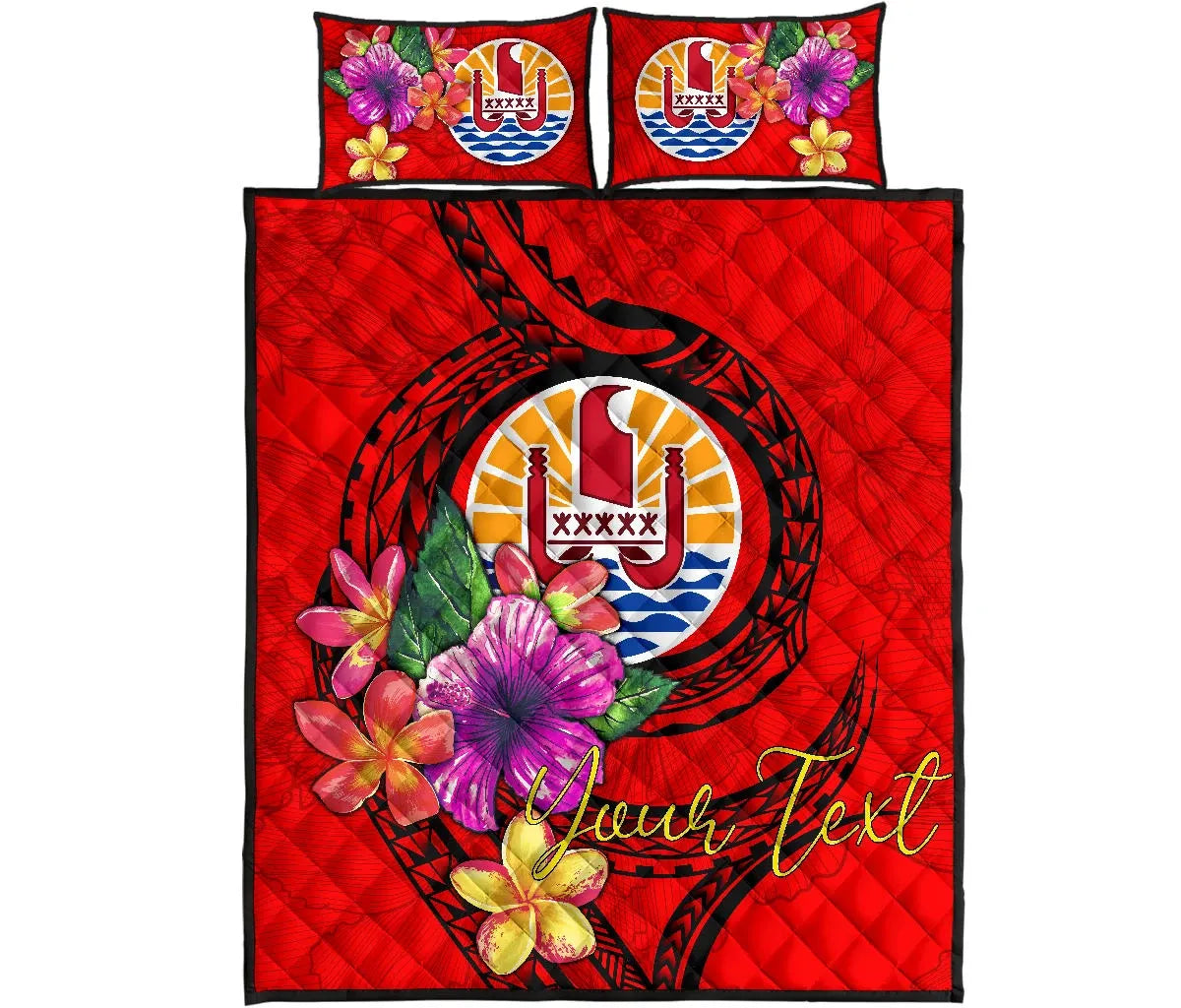 Tahiti Polynesian Custom Personalised Quilt Bed Set - Floral With Seal Red