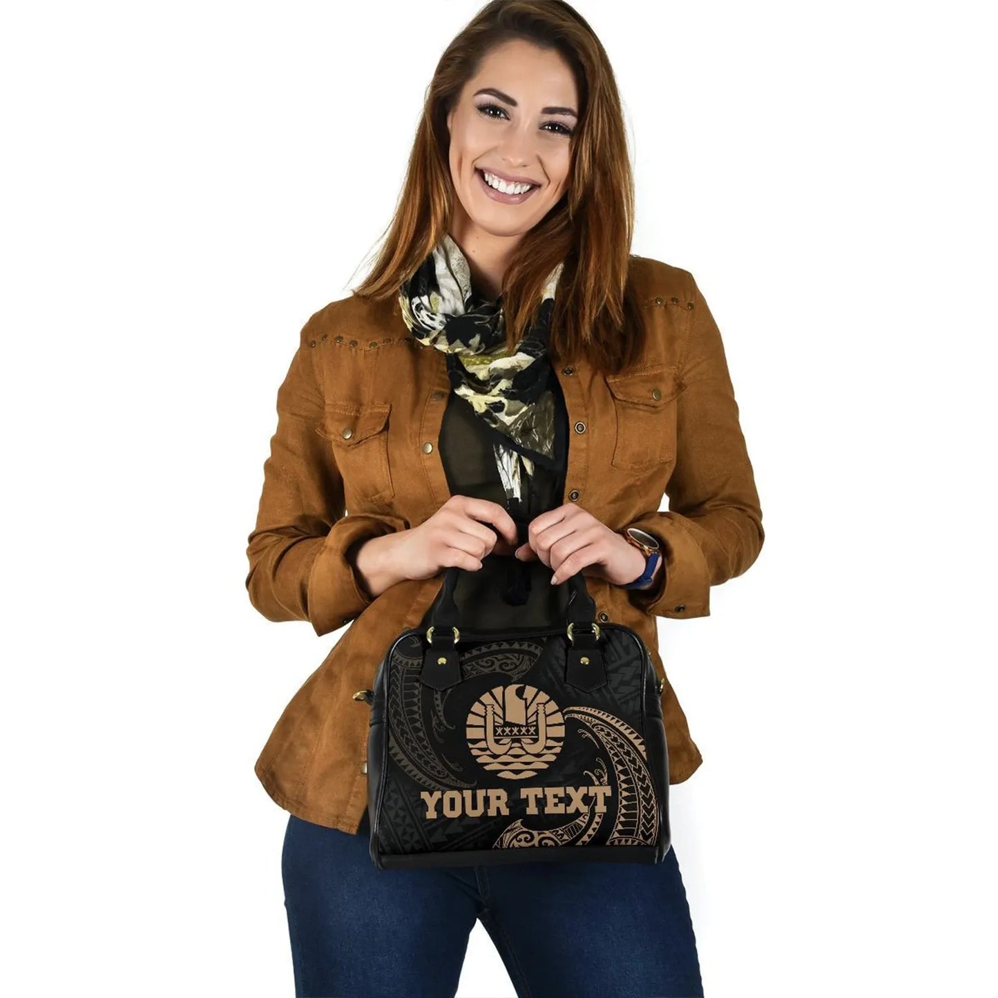 Tahiti Polynesian Custom Personalised Shoulder Handbag - Gold Tribal Wave