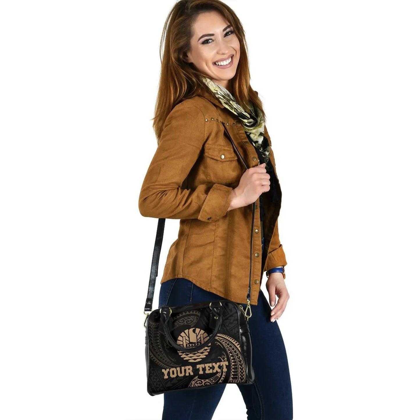 Tahiti Polynesian Custom Personalised Shoulder Handbag - Gold Tribal Wave