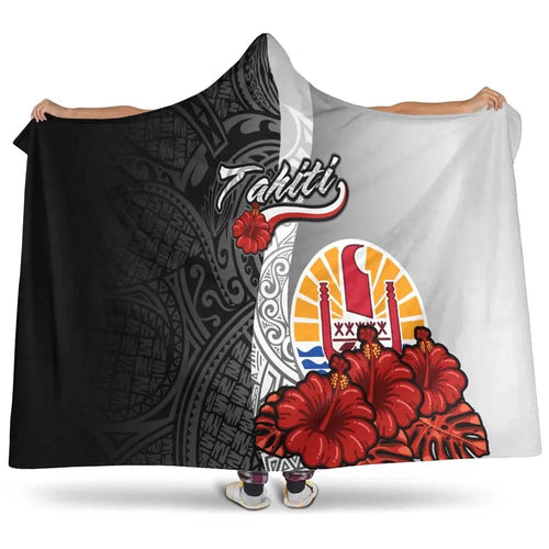 Tahiti Polynesian Hooded Blanket- Coat Of Arm With Hibiscus White
