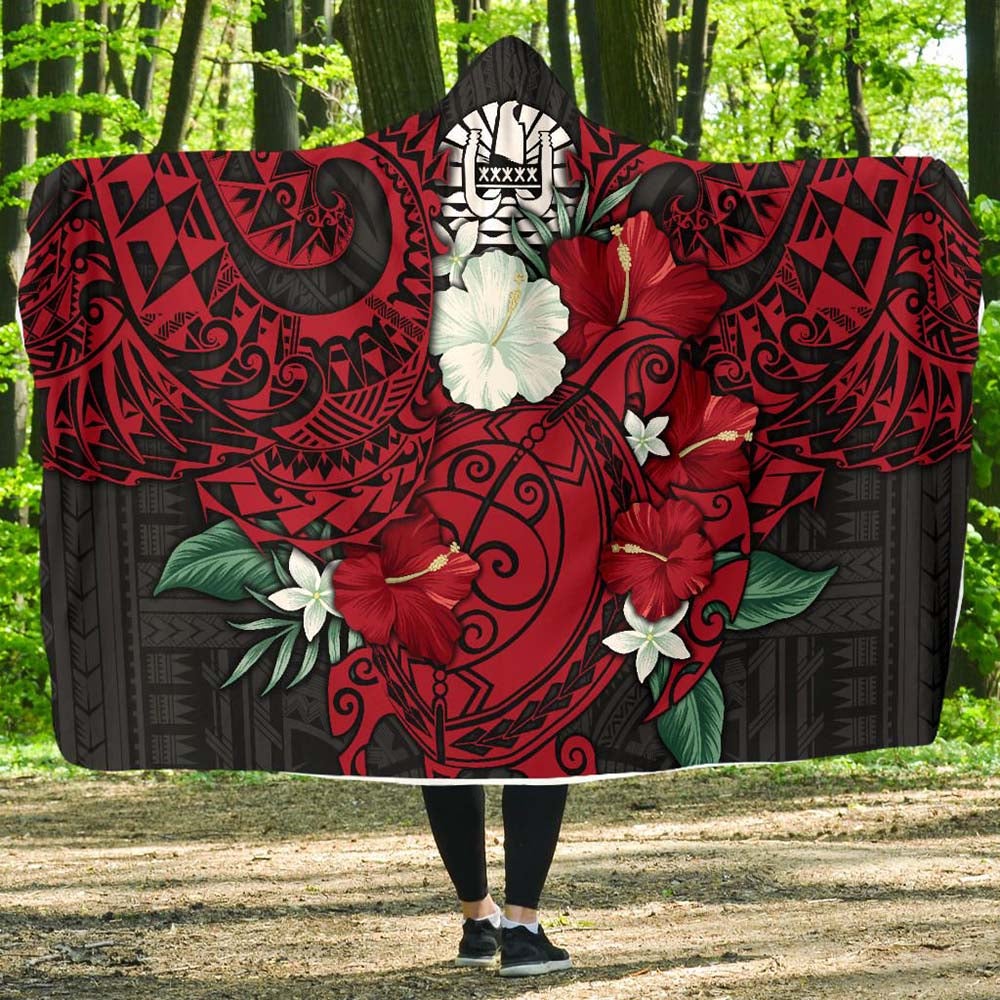 Tahiti Polynesian Hooded Blanket - Hibiscus and Sea Turtle (Red)