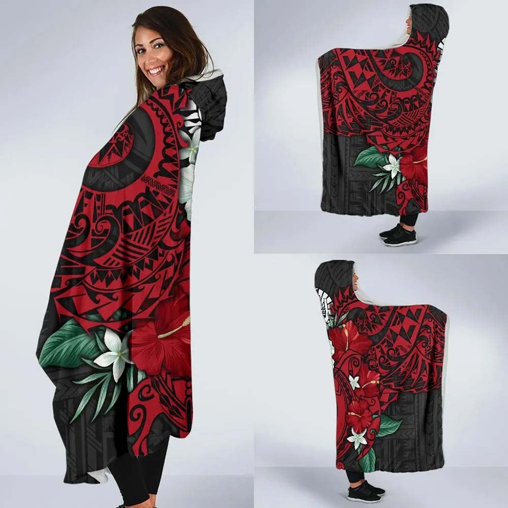 Tahiti Polynesian Hooded Blanket - Hibiscus and Sea Turtle (Red)