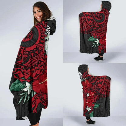Tahiti Polynesian Hooded Blanket - Hibiscus and Sea Turtle (Red)