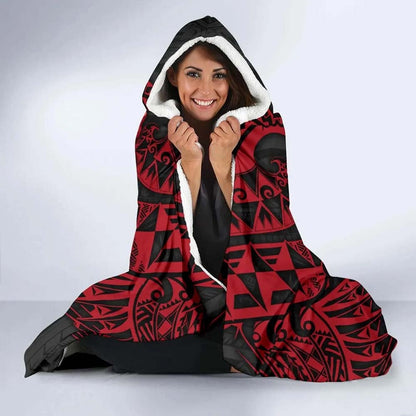 Tahiti Polynesian Hooded Blanket - Hibiscus and Sea Turtle (Red)