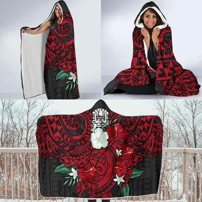 Tahiti Polynesian Hooded Blanket - Hibiscus and Sea Turtle (Red)
