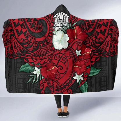 Tahiti Polynesian Hooded Blanket - Hibiscus and Sea Turtle (Red)