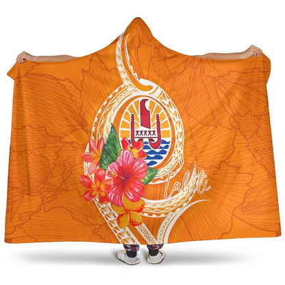 Tahiti Polynesian Hooded Blanket - Orange Floral With Seal