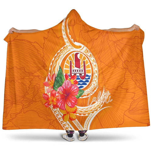 Tahiti Polynesian Hooded Blanket - Orange Floral With Seal