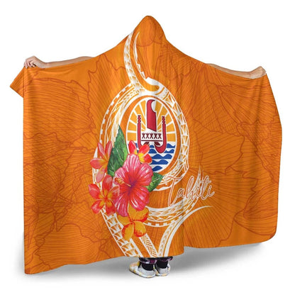Tahiti Polynesian Hooded Blanket - Orange Floral With Seal