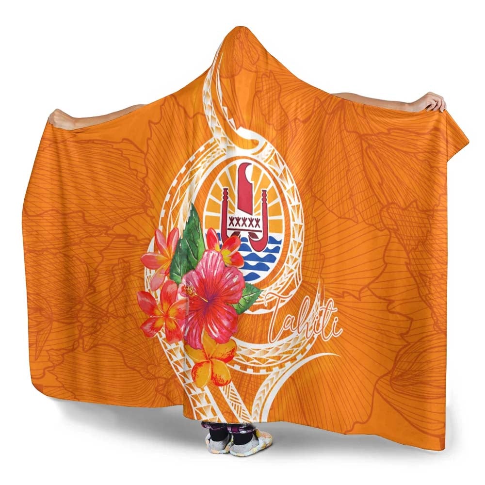 Tahiti Polynesian Hooded Blanket - Orange Floral With Seal