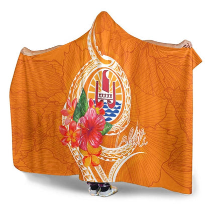 Tahiti Polynesian Hooded Blanket - Orange Floral With Seal