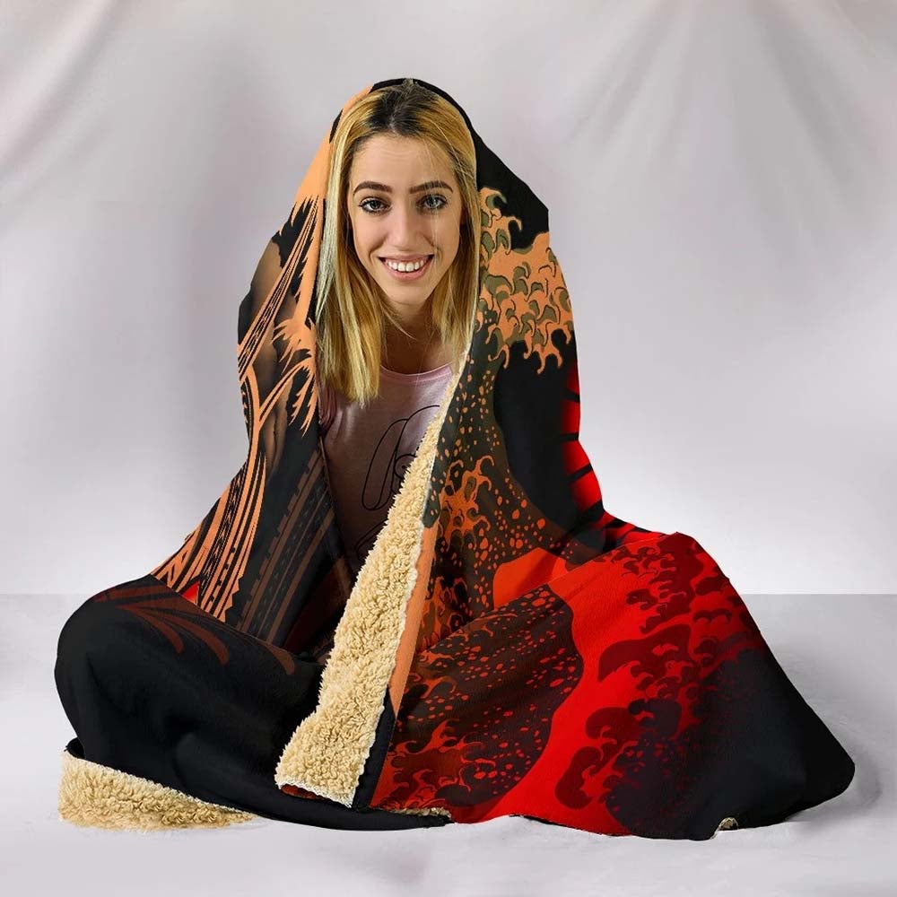 Tahiti Polynesian Hooded Blanket - Plumeria Flowers And Waves