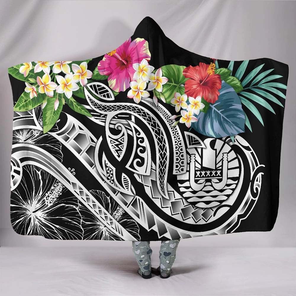 Tahiti Polynesian Hooded Blanket - Summer Plumeria (Black)
