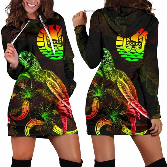 Tahiti Polynesian Hoodie Dress - Turtle With Blooming Hibiscus Reggae
