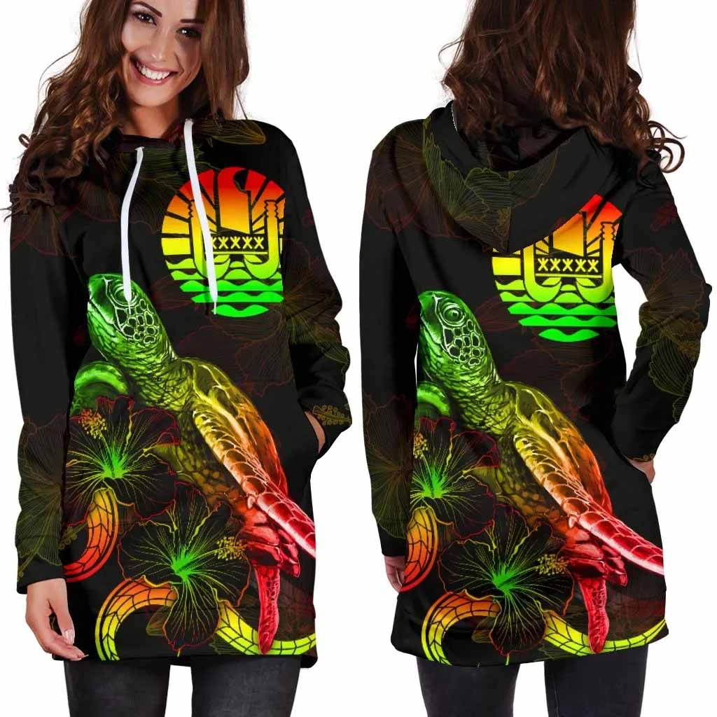 Tahiti Polynesian Hoodie Dress - Turtle With Blooming Hibiscus Reggae