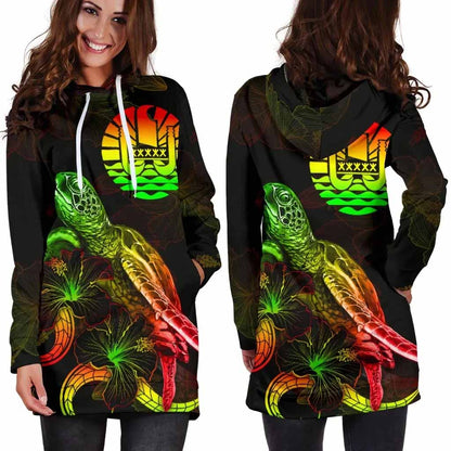 Tahiti Polynesian Hoodie Dress - Turtle With Blooming Hibiscus Reggae