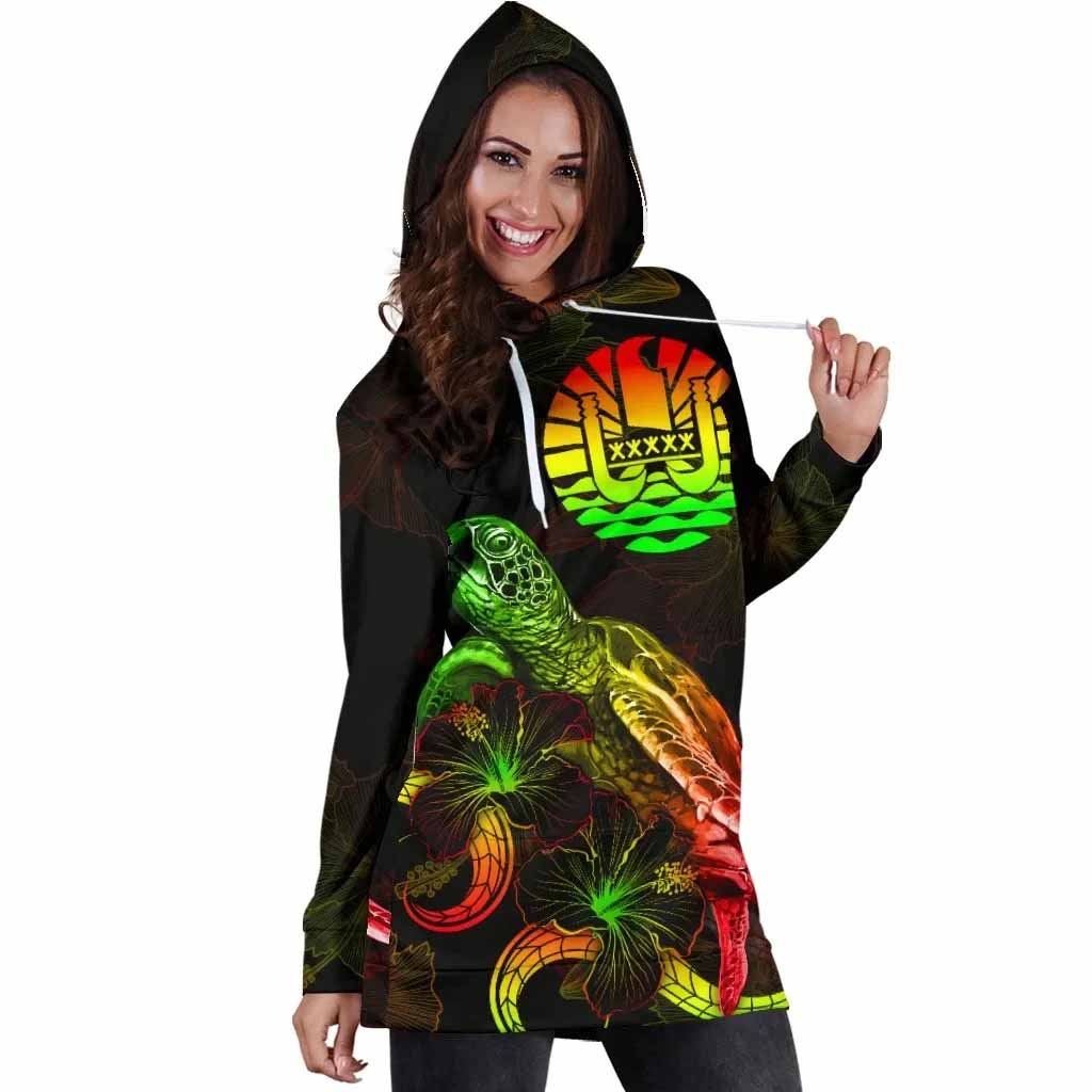 Tahiti Polynesian Hoodie Dress - Turtle With Blooming Hibiscus Reggae