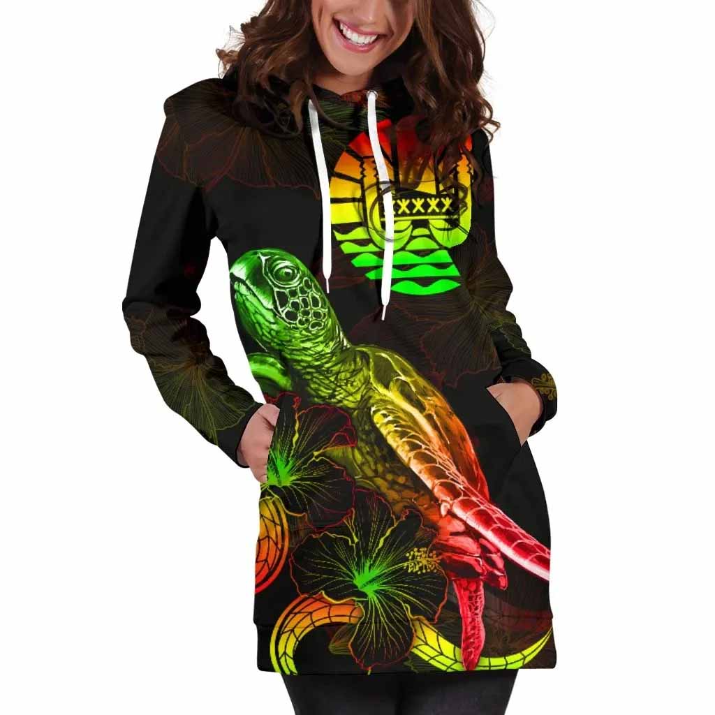 Tahiti Polynesian Hoodie Dress - Turtle With Blooming Hibiscus Reggae