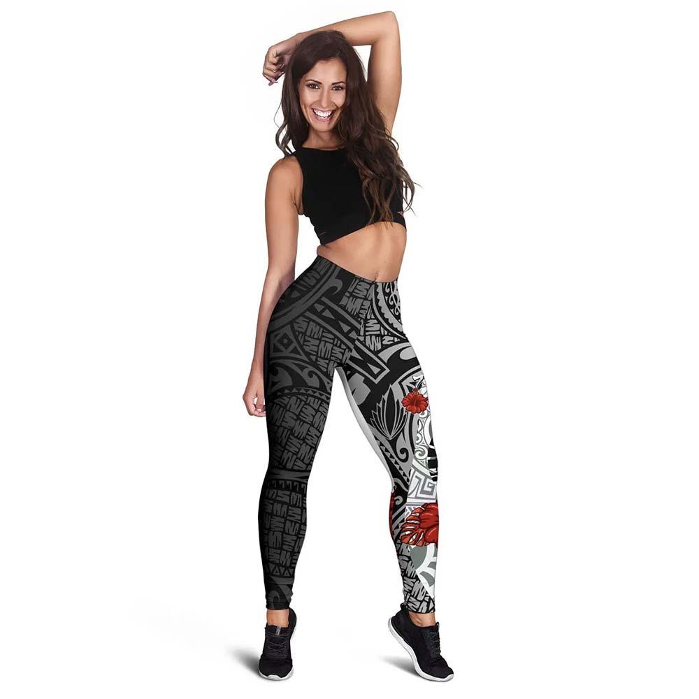 Tahiti Polynesian Legging  - Coat Of Arm With Hibiscus White