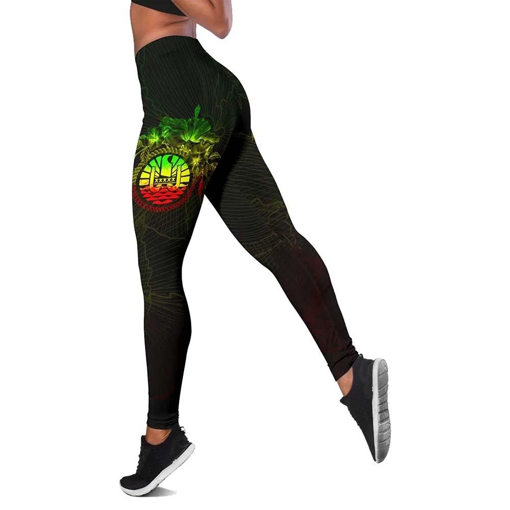Tahiti Polynesian Legging - Reggae Turtle Hibiscus Flower Frame Vintage