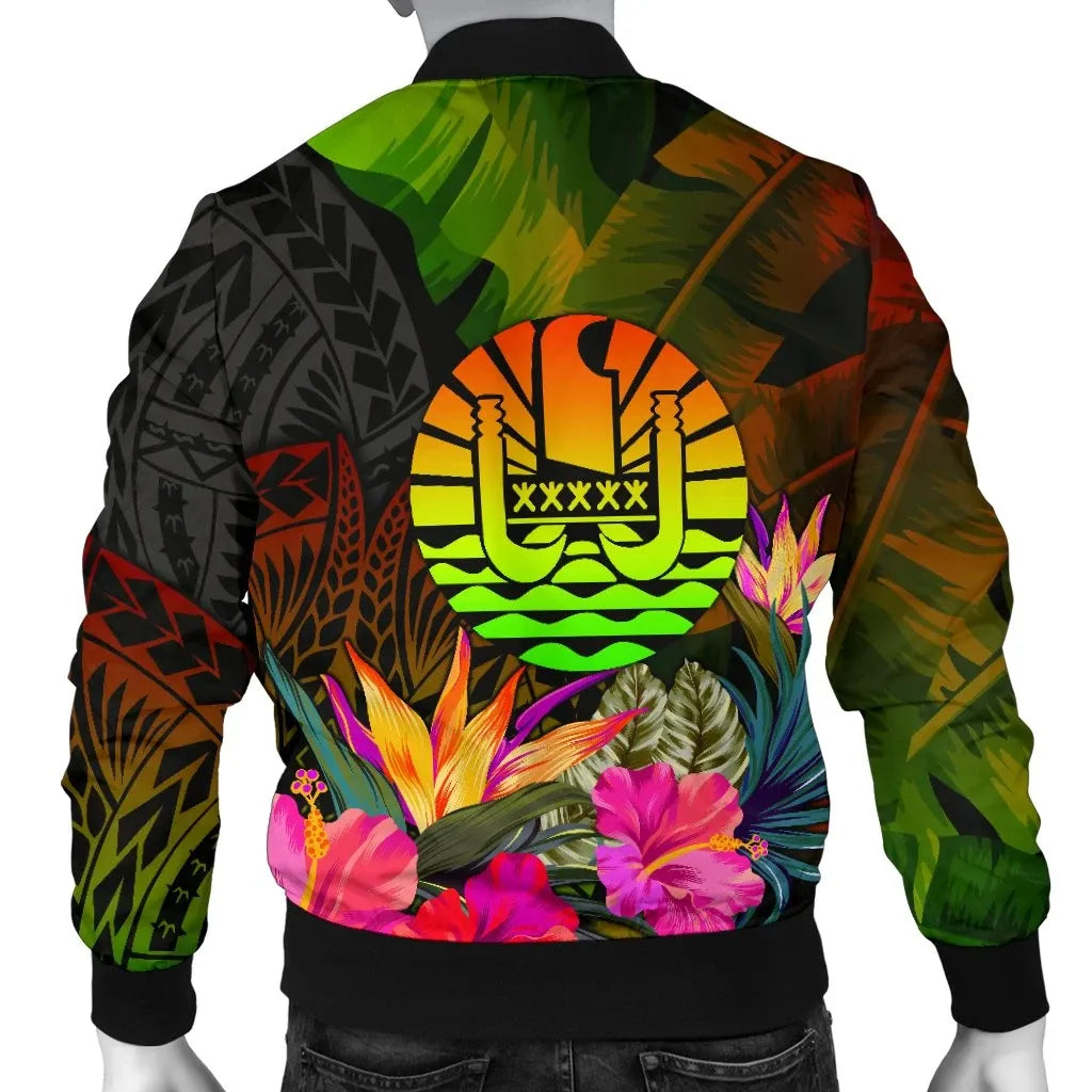 Tahiti Polynesian Bomber Jacket - Hibiscus and Banana Leaves