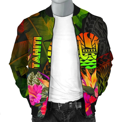 Tahiti Polynesian Bomber Jacket - Hibiscus and Banana Leaves
