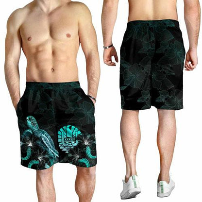 Tahiti Polynesian Men Shorts - Turtle With Blooming Hibiscus Turquoise