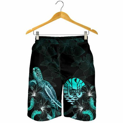 Tahiti Polynesian Men Shorts - Turtle With Blooming Hibiscus Turquoise